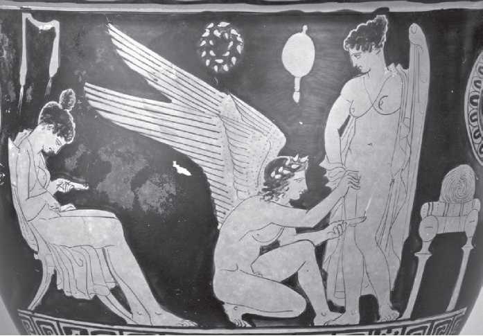 Black-and-white vase showing a seated woman depilating her pubic hair, while a standing naked woman has her pubic hair trimmed by a kneeling male winged figure.