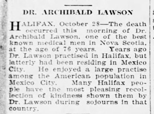 A newspaper clipping of an obituary of Archibald Lawson