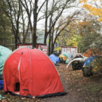 tents and shewlters in a park in autumn