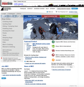 This screenshot shows the Mountain Equipment Co-op website in 2005, retrived using the Wayback Machine Internet Archive