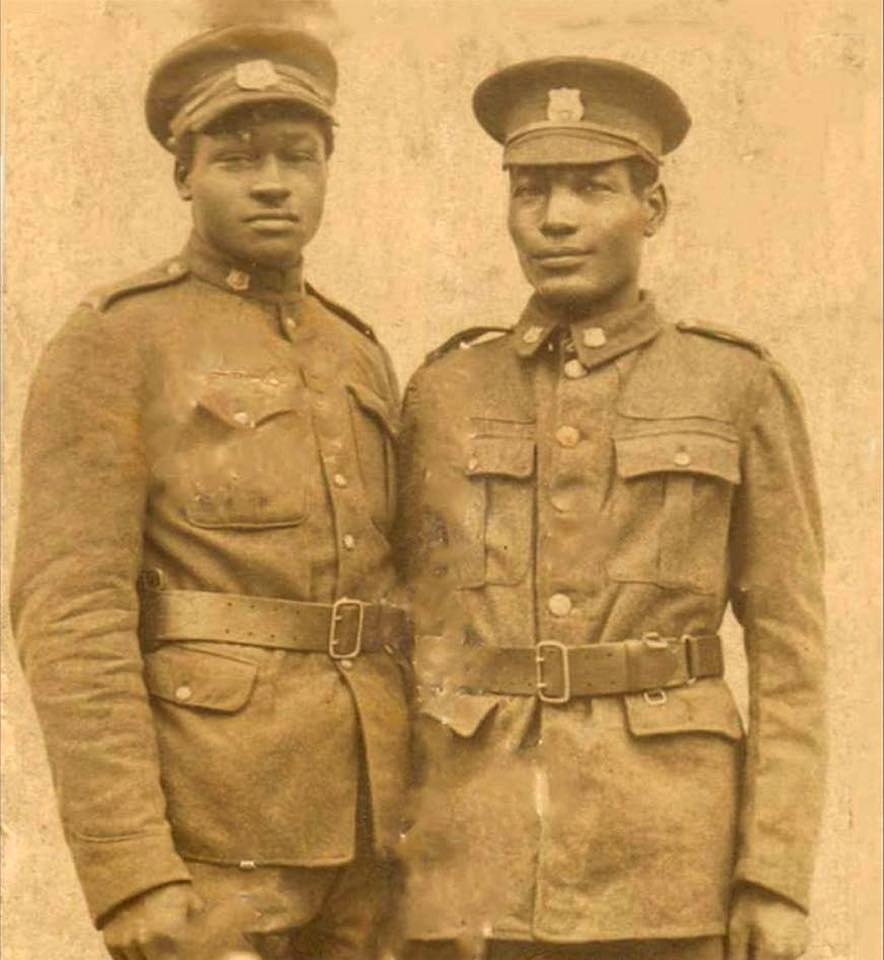 Colourless photo from early 1900s of two Black members of the Number 2 cConstruction Battalion