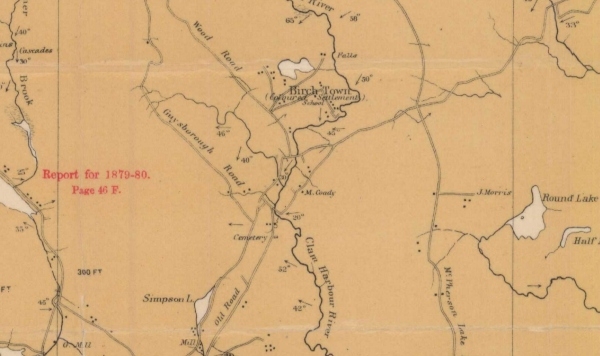 A portion of a map from 1884 that shows rivers, roads, and communities.