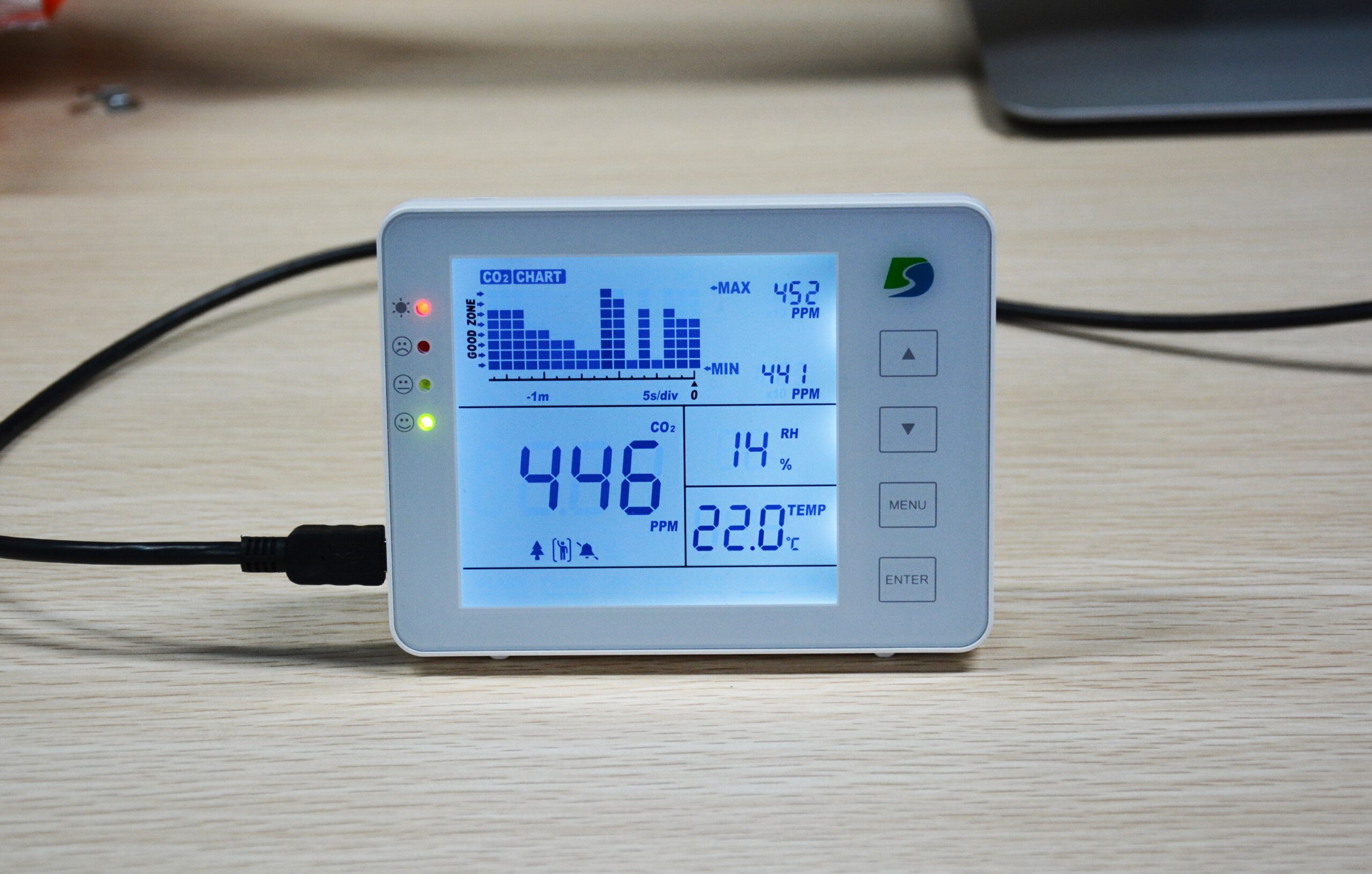 Carbon dioxide monitor showing a reading of 446 ppm