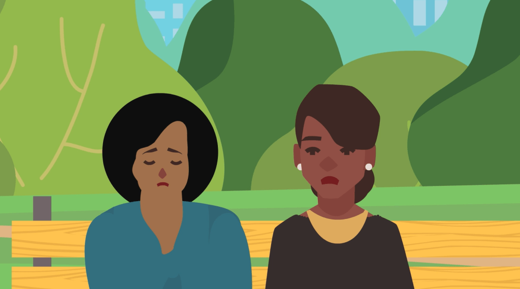 A colourful screenshot from an animated video describing how to recognize the signs of high risk of domestic violence.