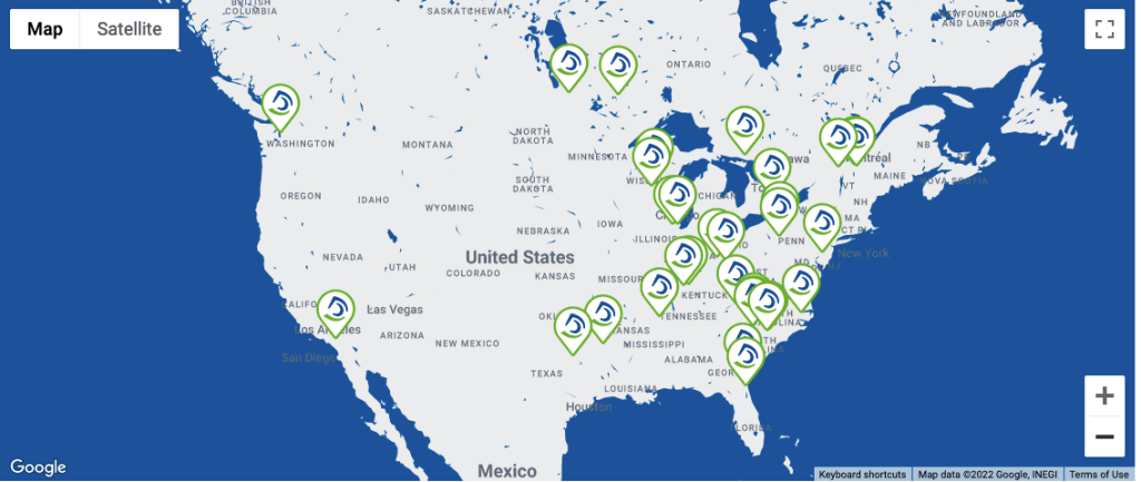 A map showing the many Domtar facilities and pulp and paper mill facilities in the United States and Canada, which Paper Excellence now owns. 