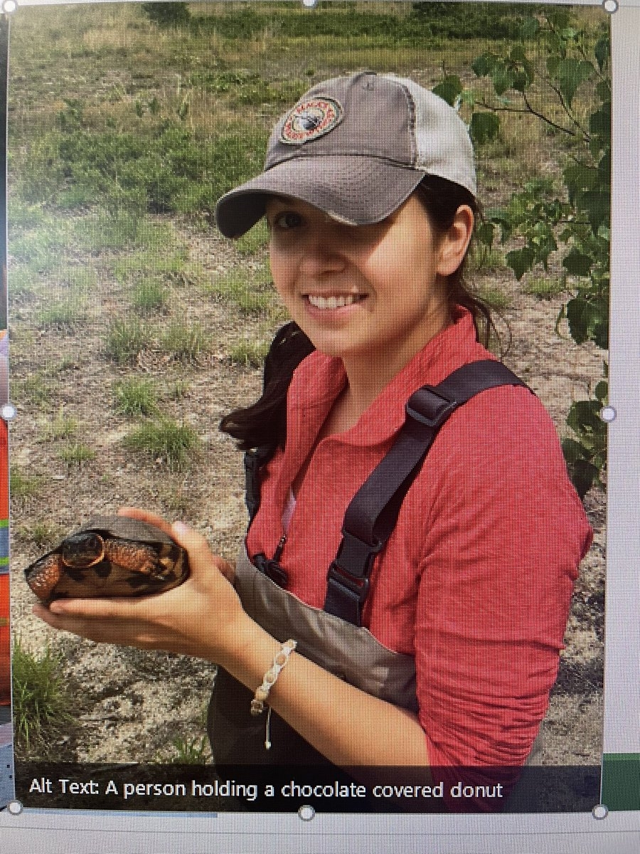A woman in a ballcap holding a turtle. The text below her says, "alt text: a person holding a chocolate covered donut."