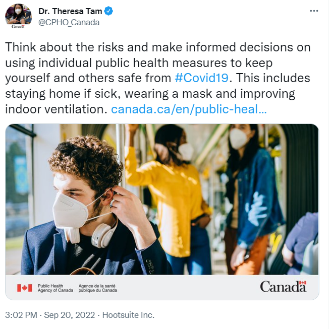 Screenshot of a tweet showing people in masks on a bus. Text reads: Think about the risks and make informed decisions on using individual public health measures to keep yourself and others safe from #Covid19. This includes staying home if sick, wearing a mask and improving indoor ventilation.